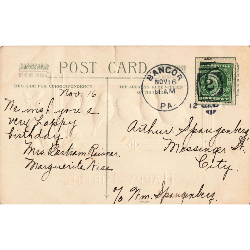 Birthday Postcard John Winsch 1910 Birds on Branch Pansies Flowers Embossed - Picture 2 of 2